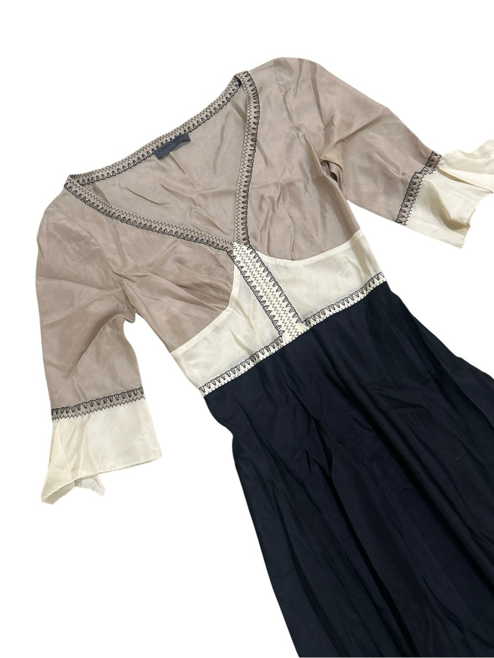 Alberta Ferretti Tan, Ivory & Black 3/4 sleeve fit & flare silk Midi Dress sz 4 - Picture 3 of 9